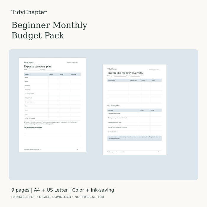 TidyChapter Monthly Budget printable PDF pack in A4 and US Letter