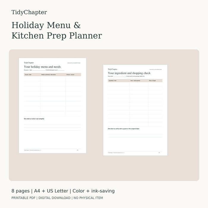 Holiday Menu & Kitchen Prep Planner printable PDF pack in A4 and US Letter