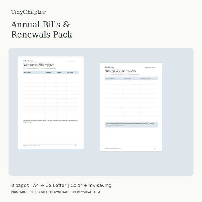 Annual Bills & Renewals Pack printable PDF pack, A4 and US Letter