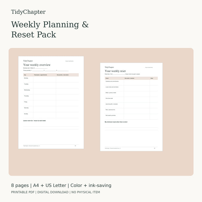 Weekly Planning & Reset Pack printable PDF pack, A4 and US Letter