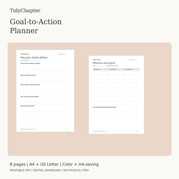 Goal-to-Action Planner printable PDF preview