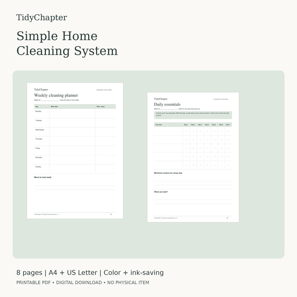 TidyChapter Cleaning System printable PDF pack in A4 and US Letter