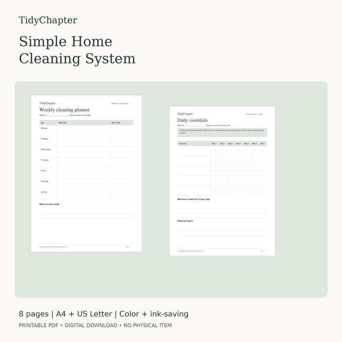 TidyChapter Cleaning System printable PDF pack in A4 and US Letter