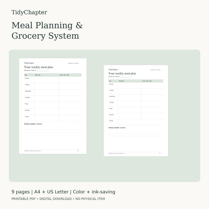 TidyChapter Meal Planning printable PDF pack in A4 and US Letter