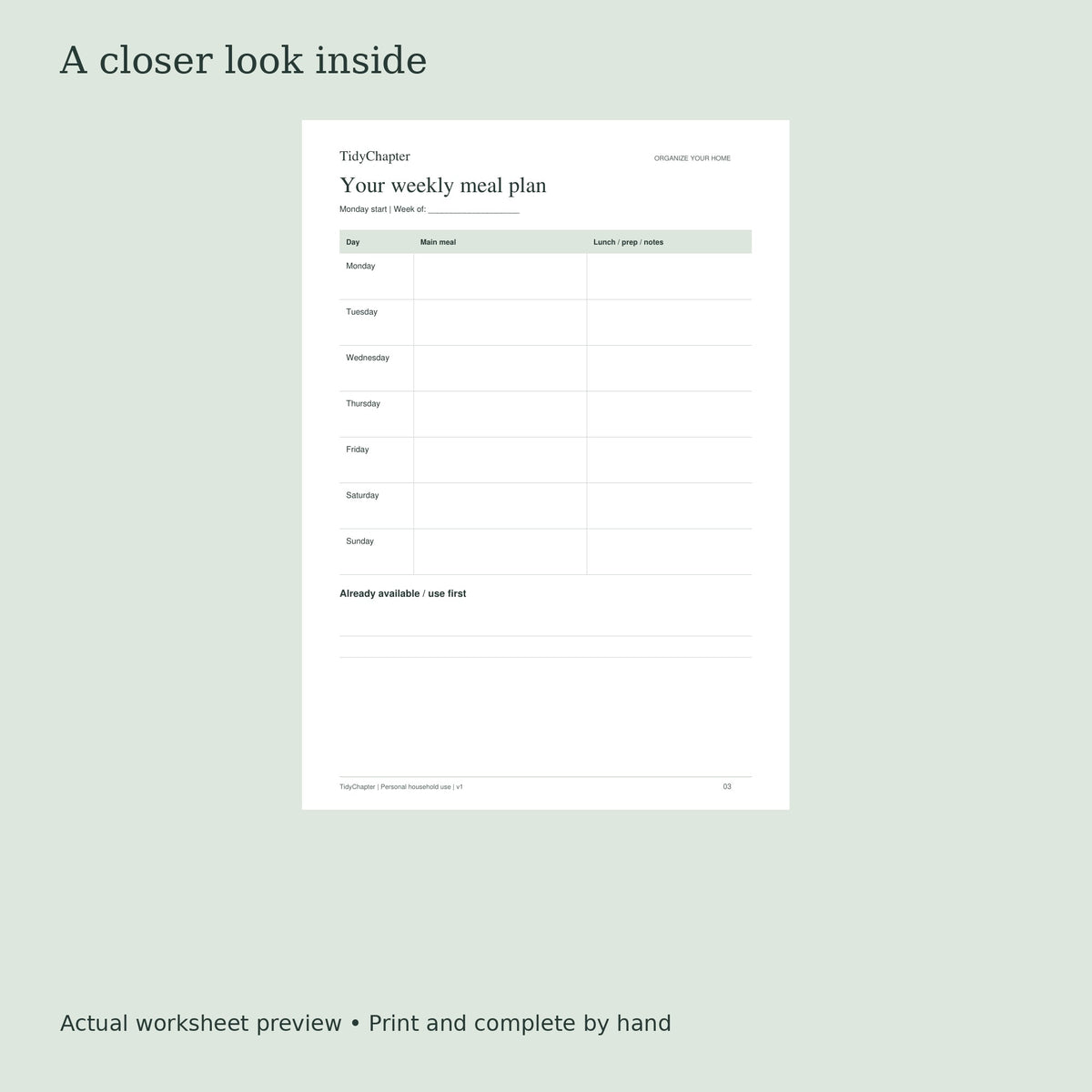 TidyChapter Meal Planning actual worksheet preview