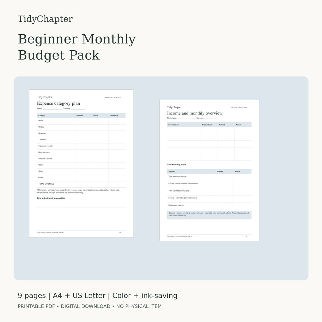 TidyChapter Monthly Budget printable PDF pack in A4 and US Letter