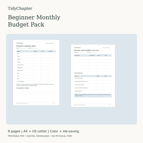 TidyChapter Monthly Budget printable PDF pack in A4 and US Letter