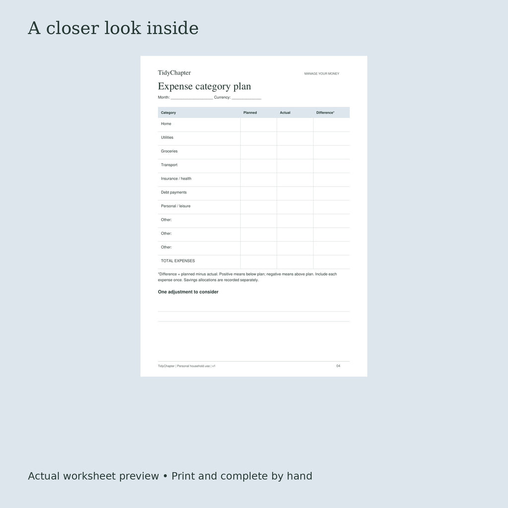 TidyChapter Monthly Budget actual worksheet preview
