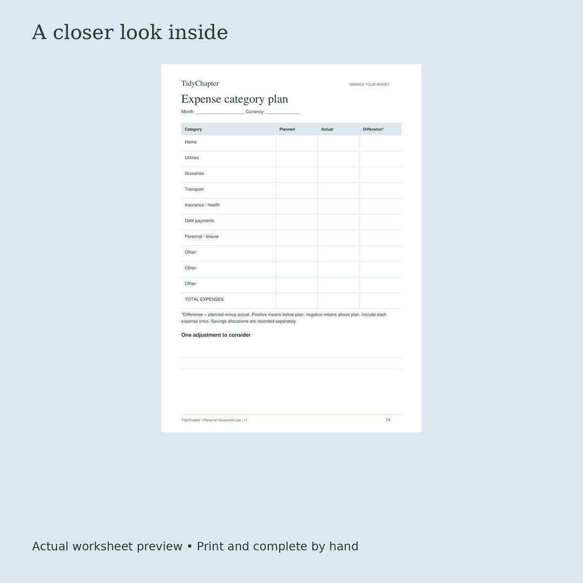 TidyChapter Monthly Budget actual worksheet preview