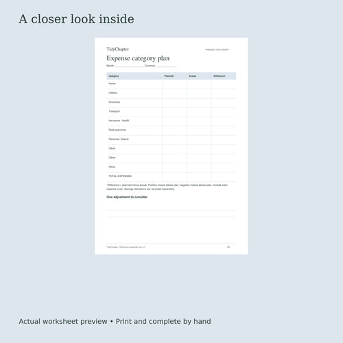 TidyChapter Monthly Budget actual worksheet preview