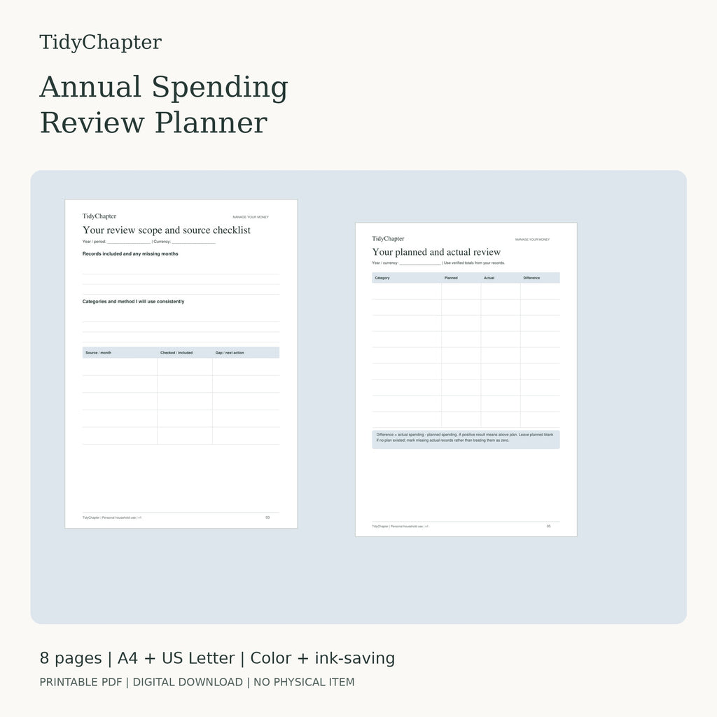 Annual Spending Review Planner printable PDF pack in A4 and US Letter