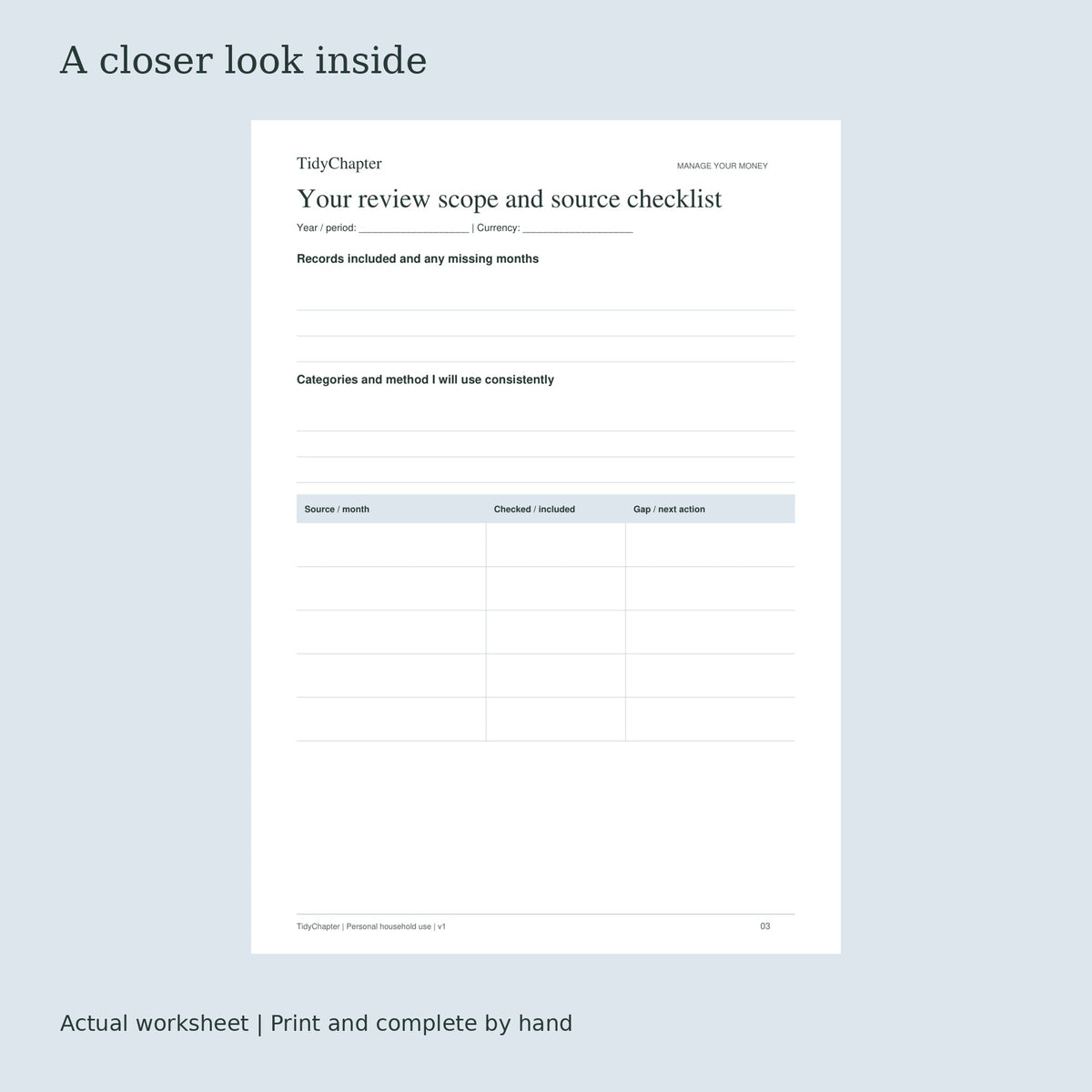 Annual Spending Review Planner actual worksheet preview