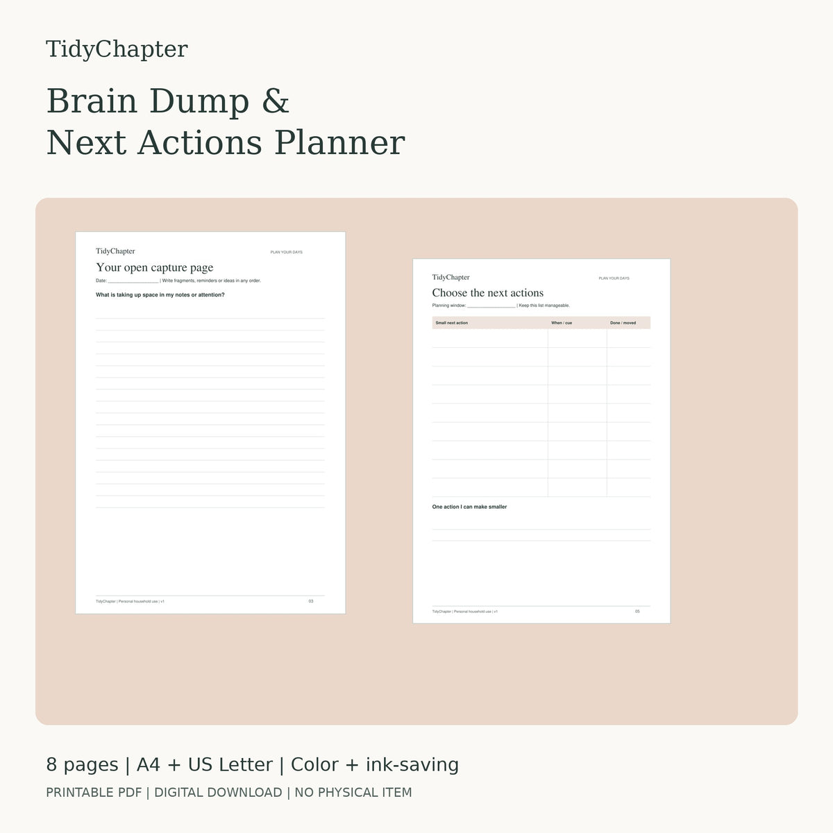 Brain Dump & Next Actions Planner printable PDF pack in A4 and US Letter