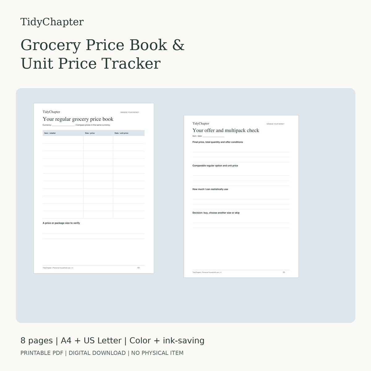 Grocery Price Book & Unit Price Tracker printable PDF pack in A4 and US Letter