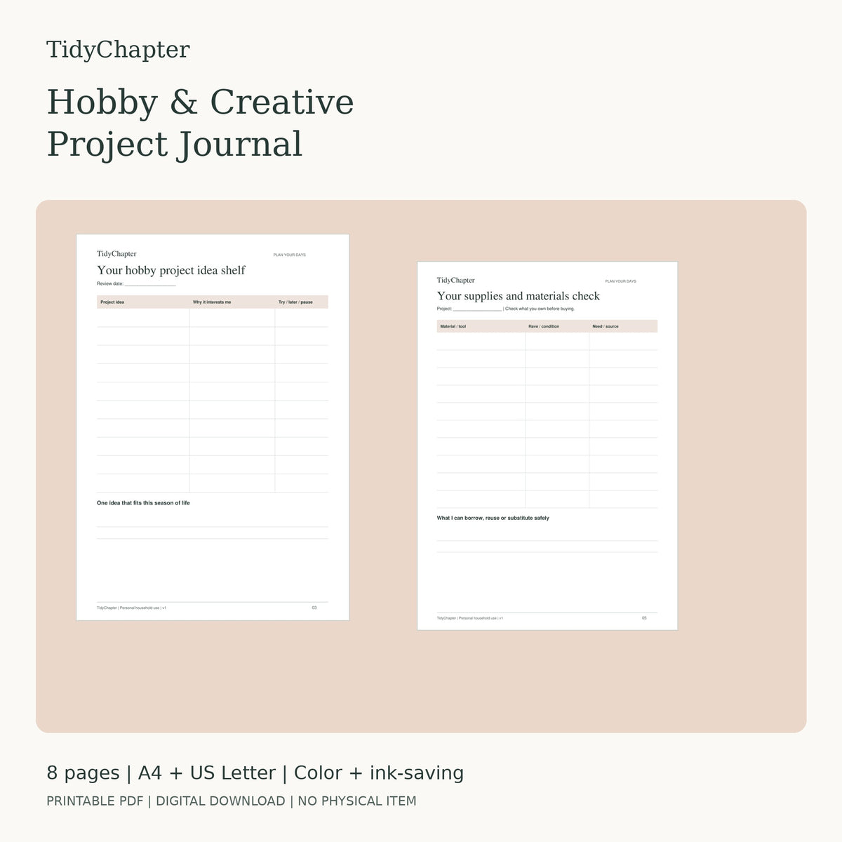 Hobby & Creative Project Journal printable PDF pack in A4 and US Letter