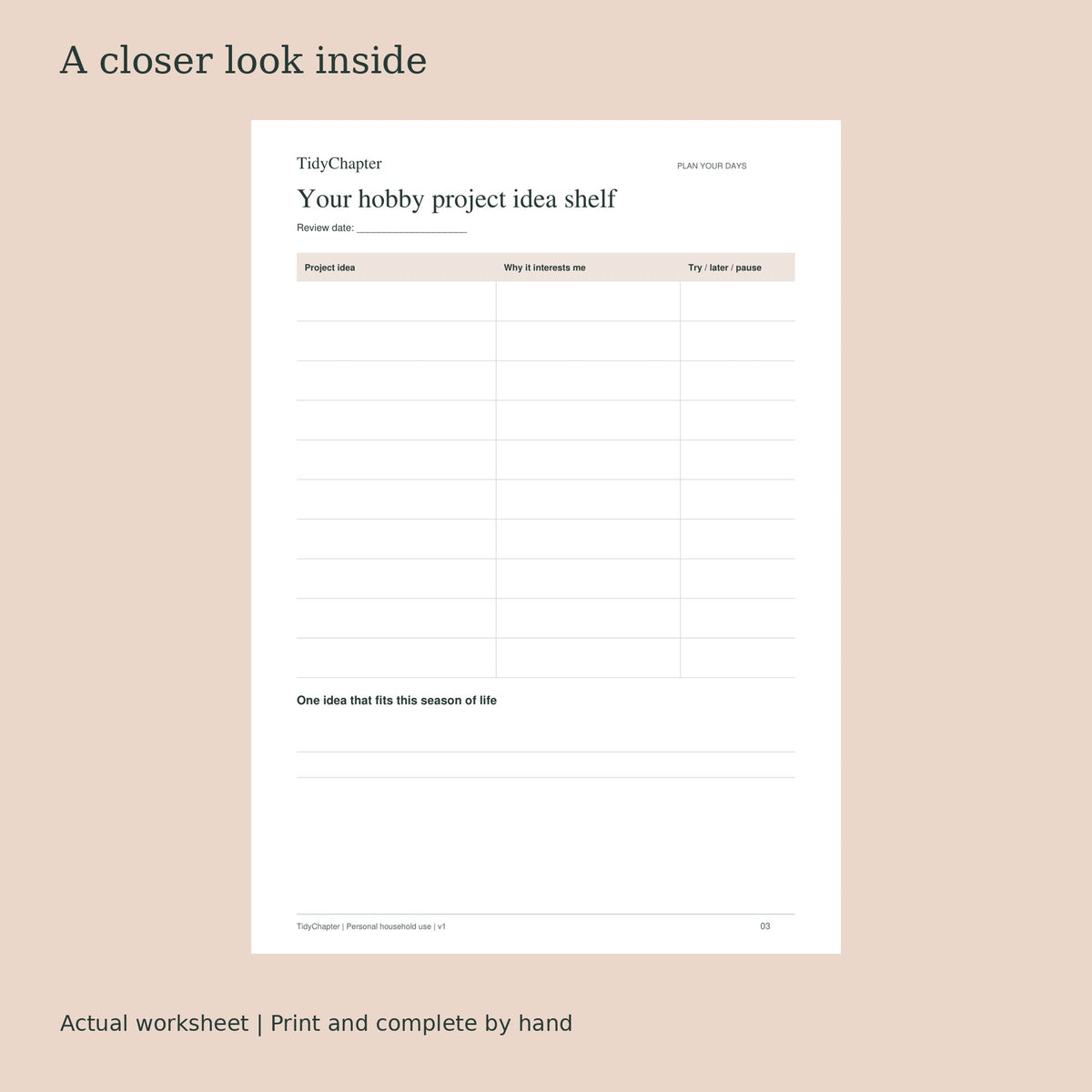 Hobby & Creative Project Journal actual worksheet preview