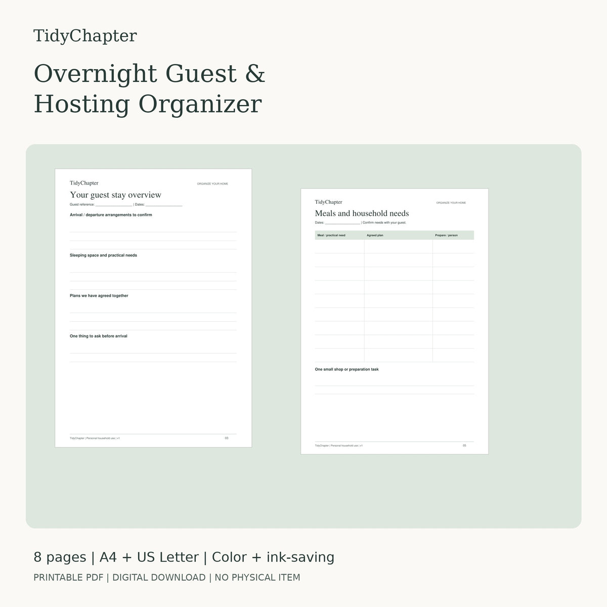 Overnight Guest & Hosting Organizer printable PDF pack in A4 and US Letter