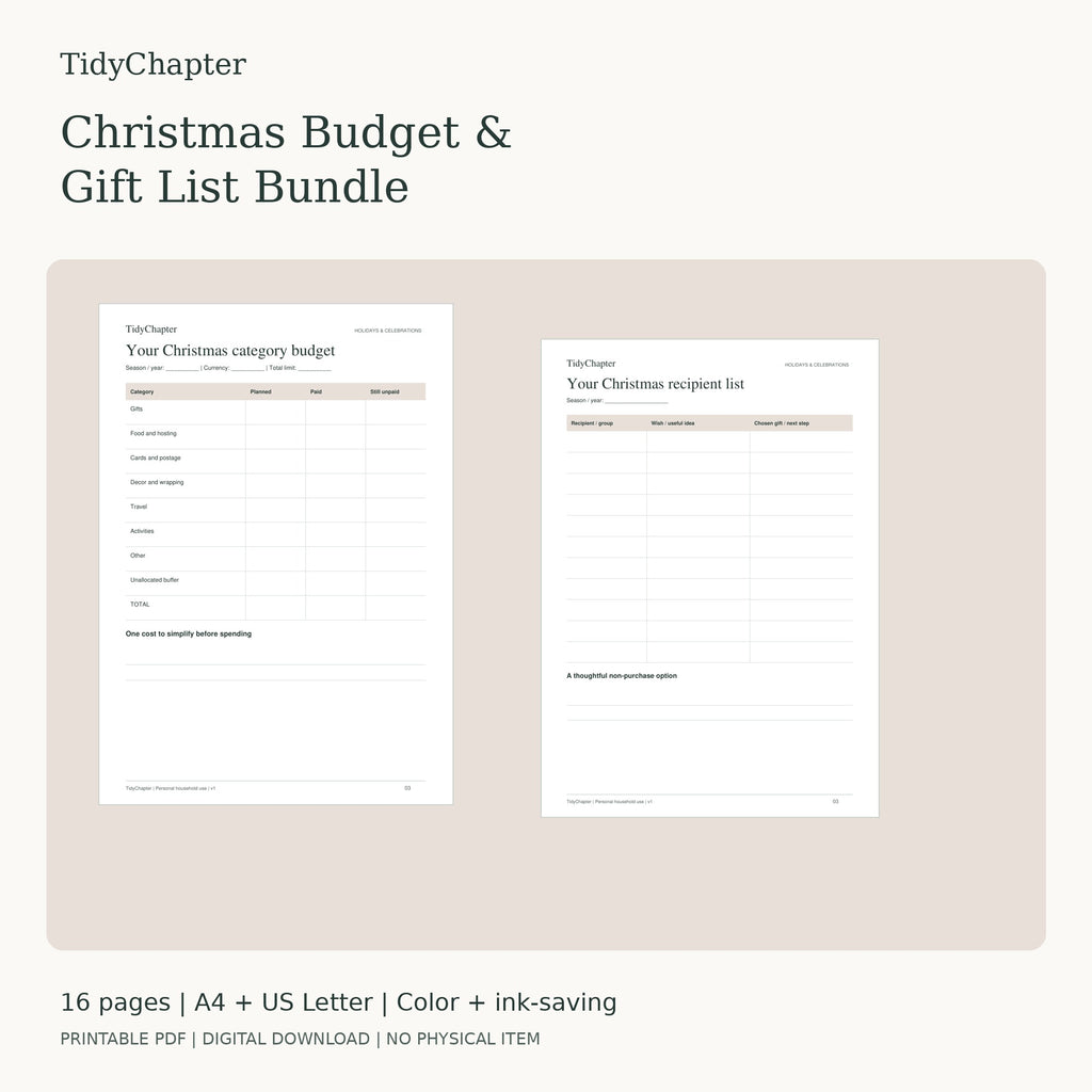 Christmas Budget & Gift List Bundle two-pack printable PDF bundle in A4 and US Letter