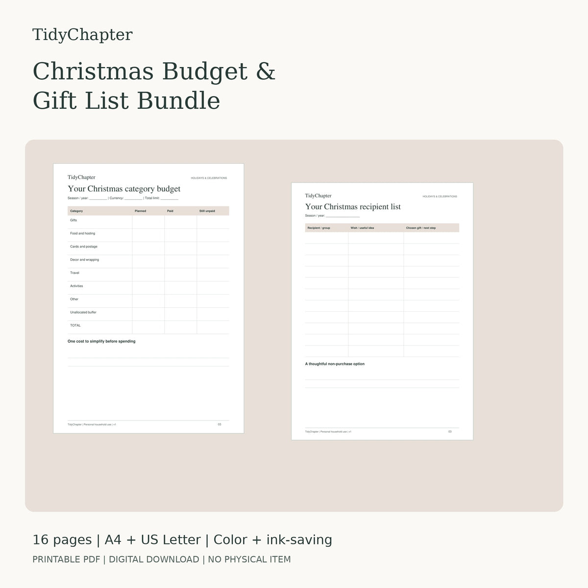 Christmas Budget & Gift List Bundle two-pack printable PDF bundle in A4 and US Letter