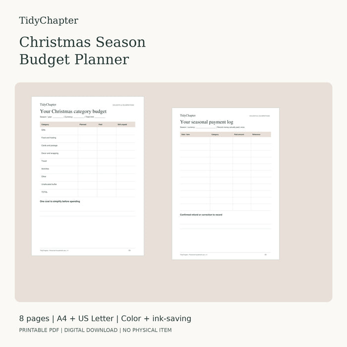Christmas Season Budget Planner printable PDF pack in A4 and US Letter