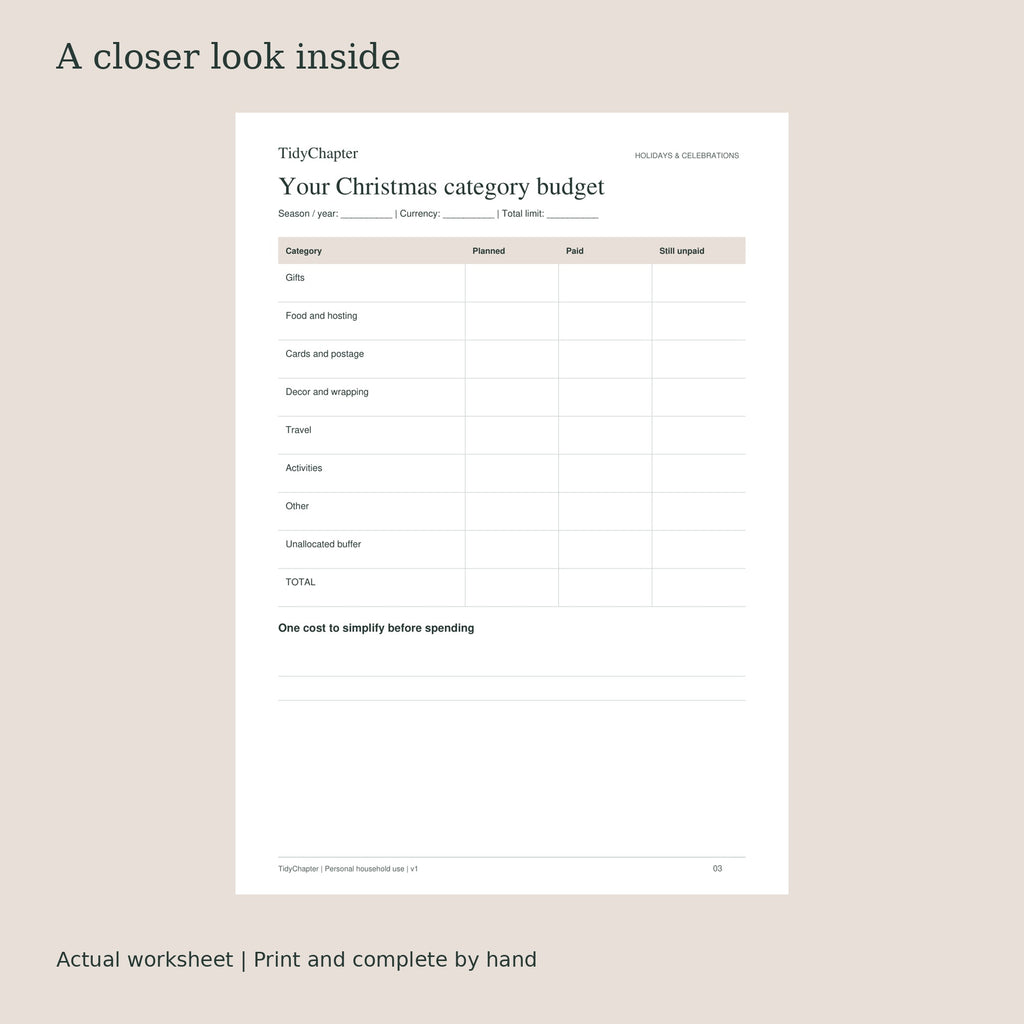 Christmas Season Budget Planner actual worksheet preview