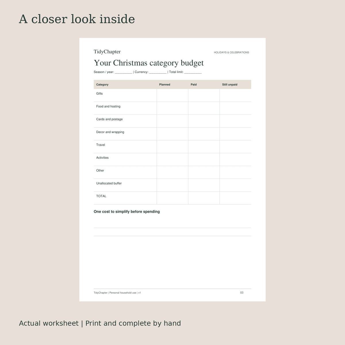Christmas Season Budget Planner actual worksheet preview
