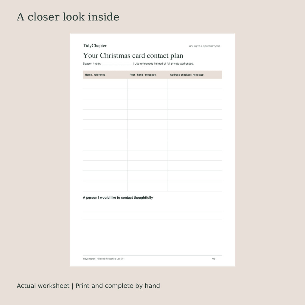 Christmas Card & Mailing Organizer actual worksheet preview