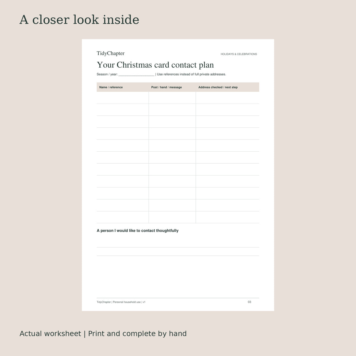Christmas Card & Mailing Organizer actual worksheet preview