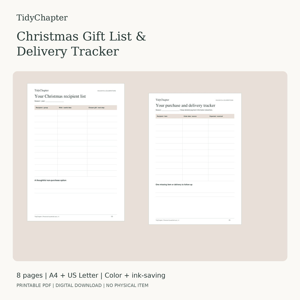 Christmas Gift List & Delivery Tracker printable PDF pack in A4 and US Letter