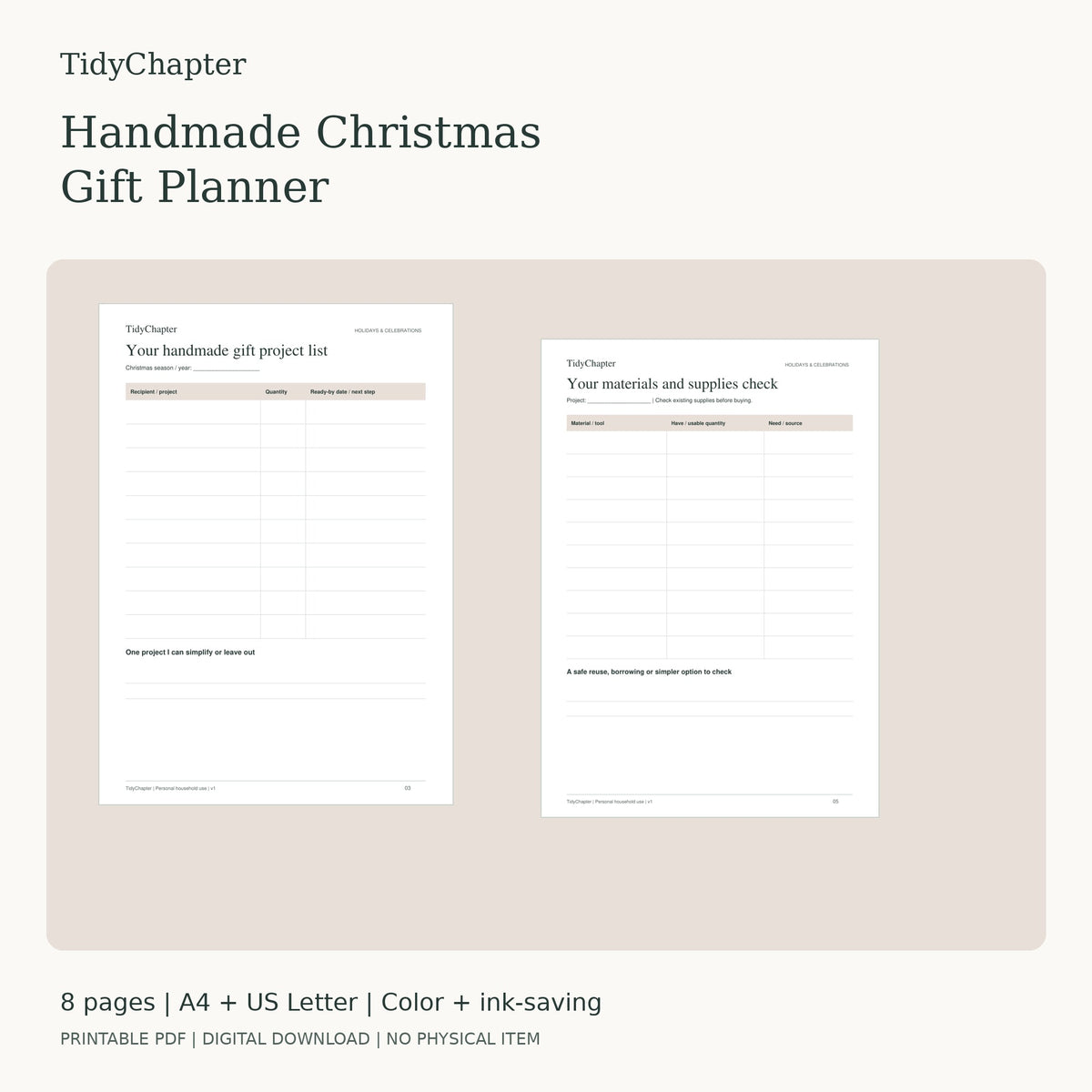 Handmade Christmas Gift Planner printable PDF pack in A4 and US Letter