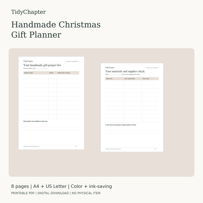 Handmade Christmas Gift Planner printable PDF pack in A4 and US Letter