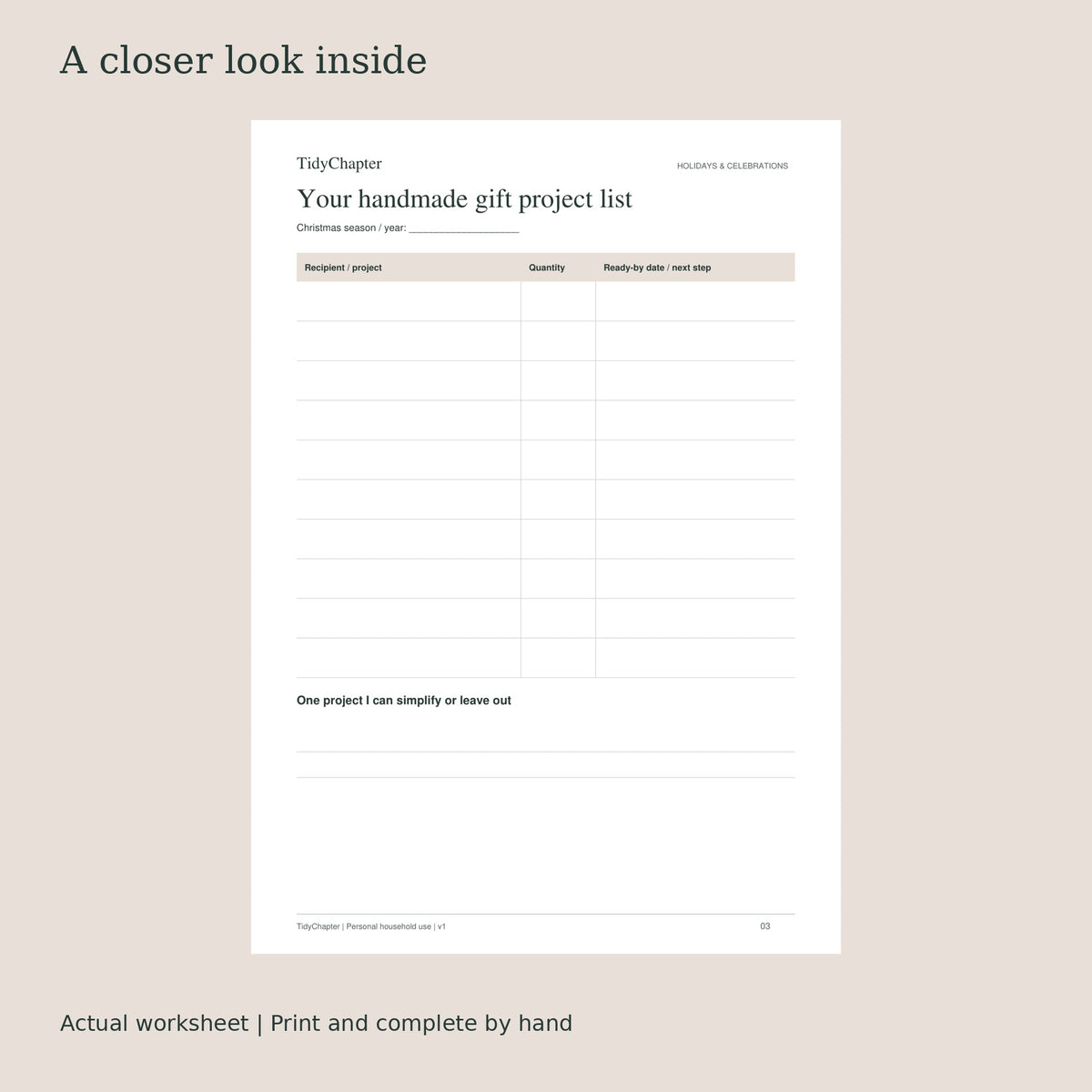 Handmade Christmas Gift Planner actual worksheet preview