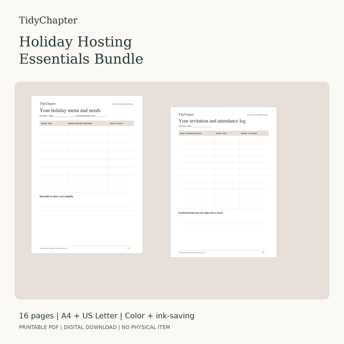 Holiday Hosting Essentials Bundle two-pack printable PDF bundle in A4 and US Letter