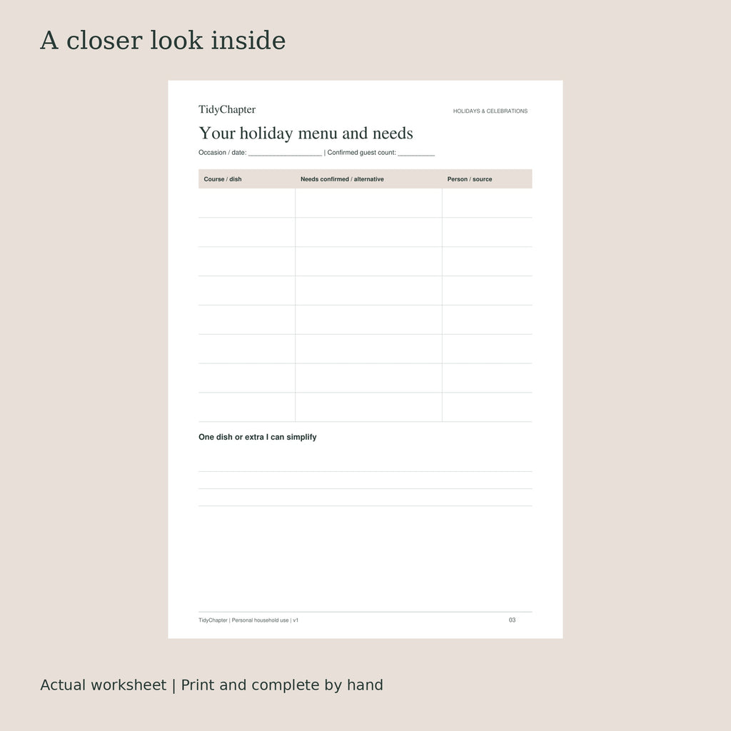 Holiday Menu & Kitchen Prep Planner actual worksheet preview