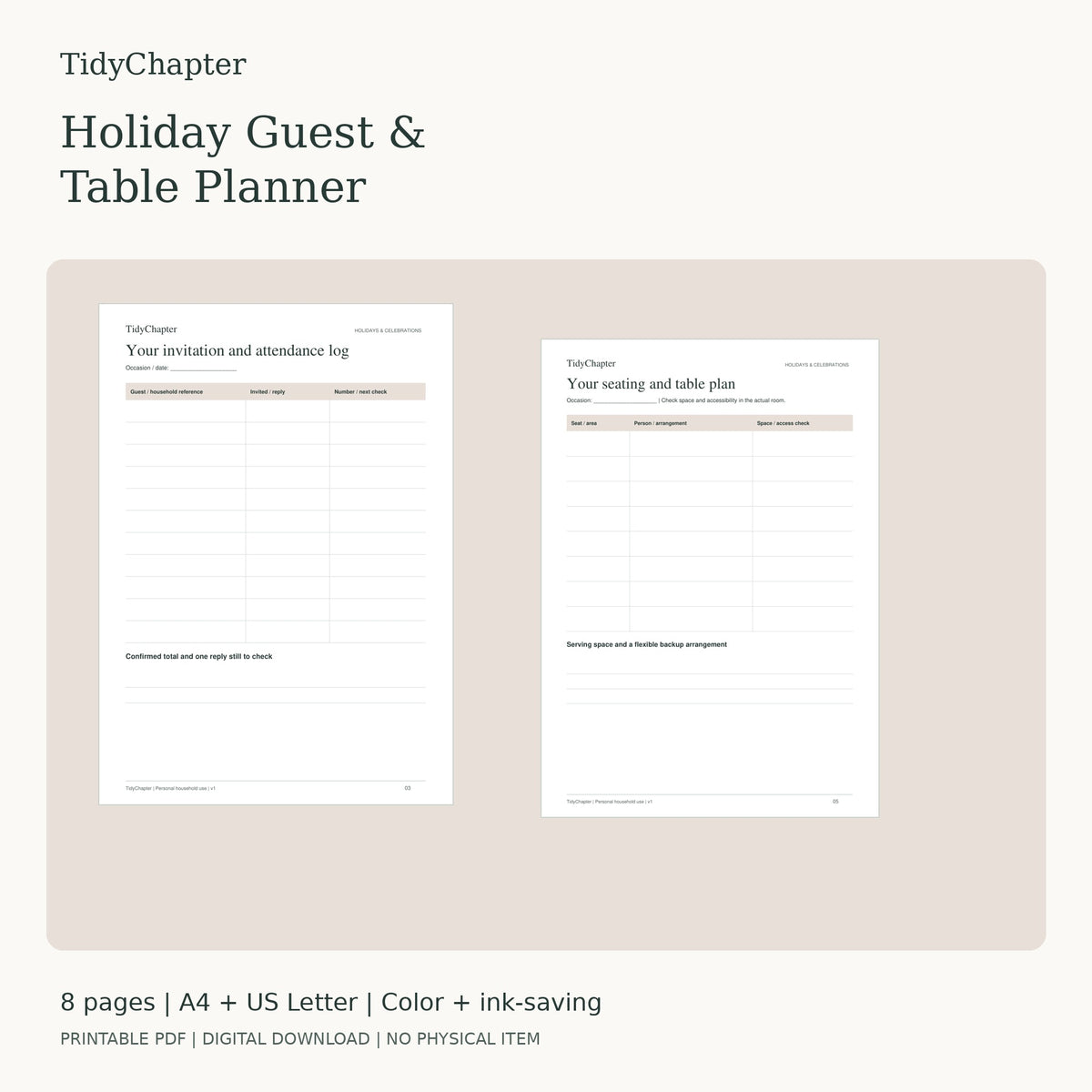 Holiday Guest & Table Planner printable PDF pack in A4 and US Letter