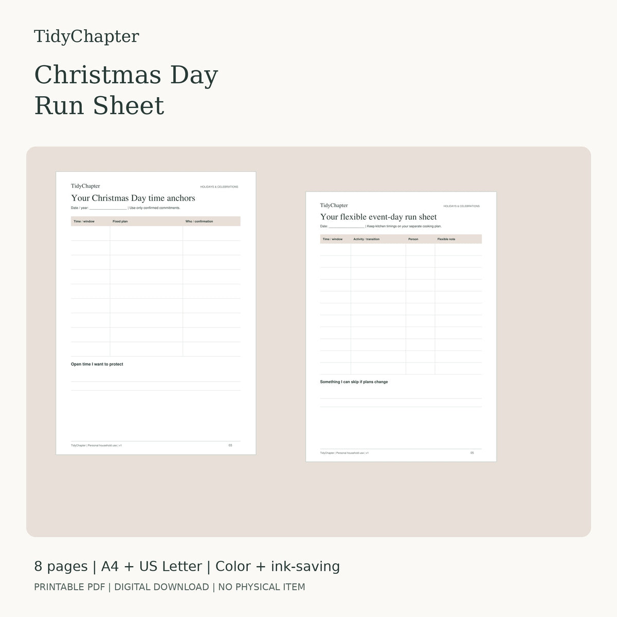 Christmas Day Run Sheet printable PDF pack in A4 and US Letter