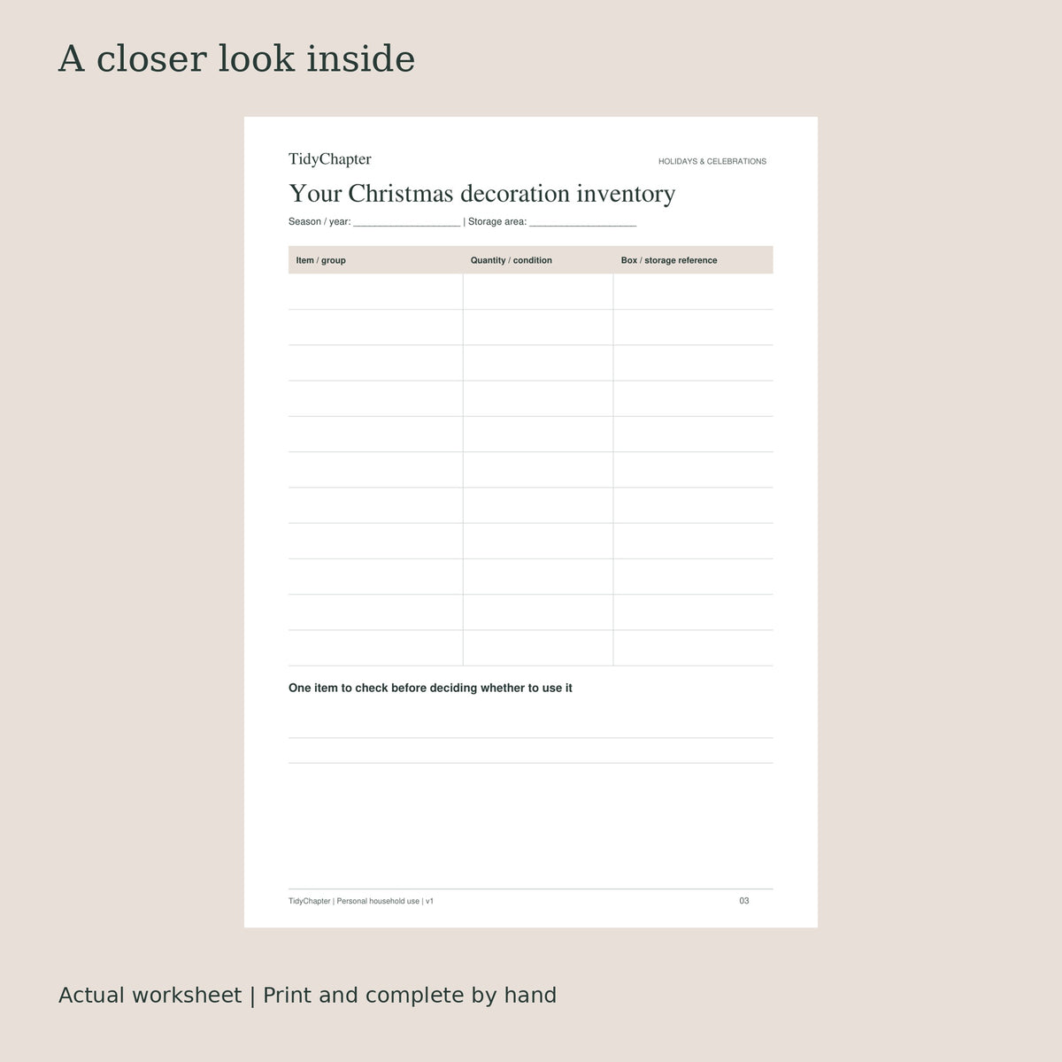 Christmas Decor Inventory & Room Plan actual worksheet preview