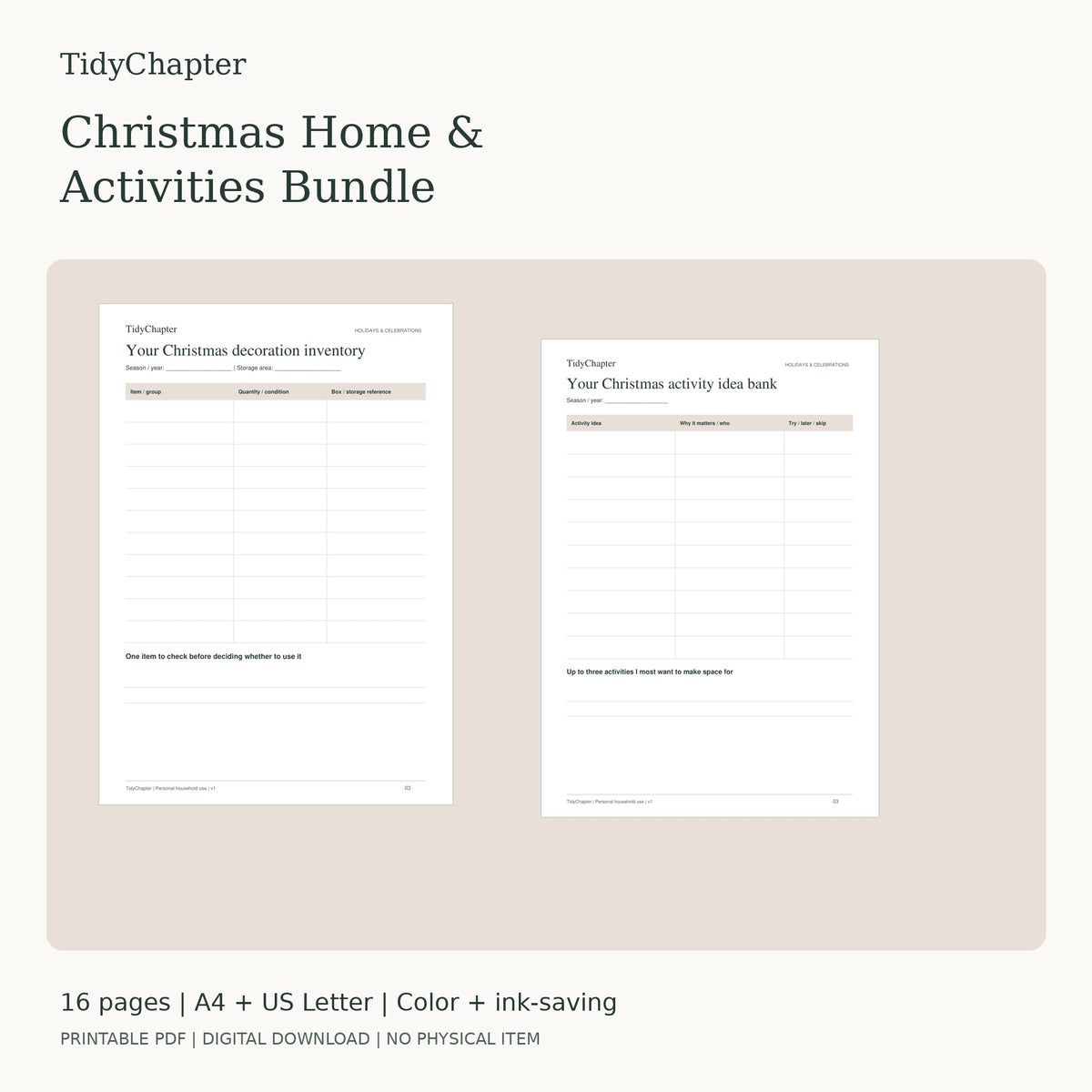 Christmas Home & Activities Bundle two-pack printable PDF bundle in A4 and US Letter