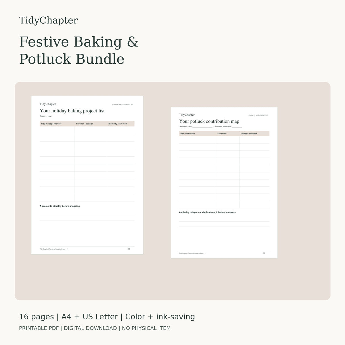 Festive Baking & Potluck Bundle two-pack printable PDF bundle in A4 and US Letter