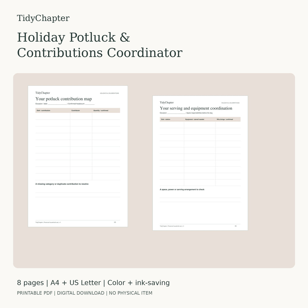 Holiday Potluck & Contributions Coordinator printable PDF pack in A4 and US Letter