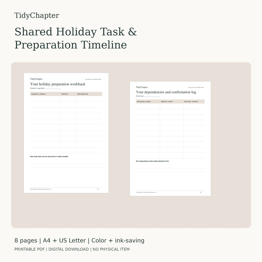 Shared Holiday Task & Preparation Timeline printable PDF pack in A4 and US Letter