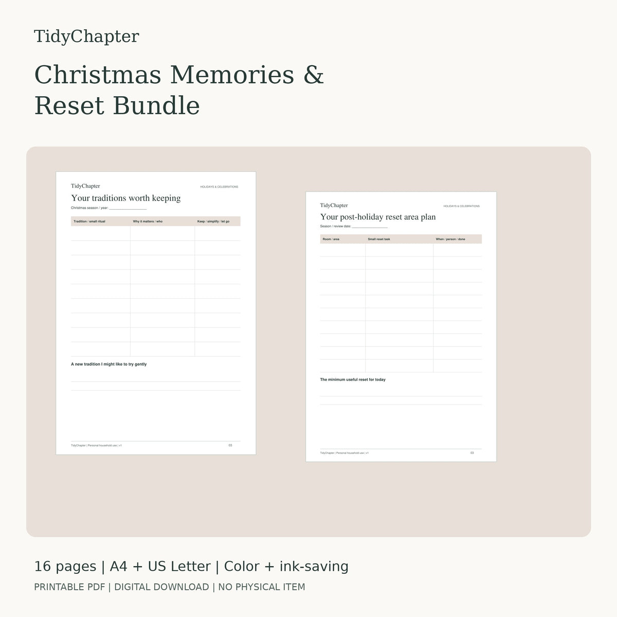 Christmas Memories & Reset Bundle two-pack printable PDF bundle in A4 and US Letter
