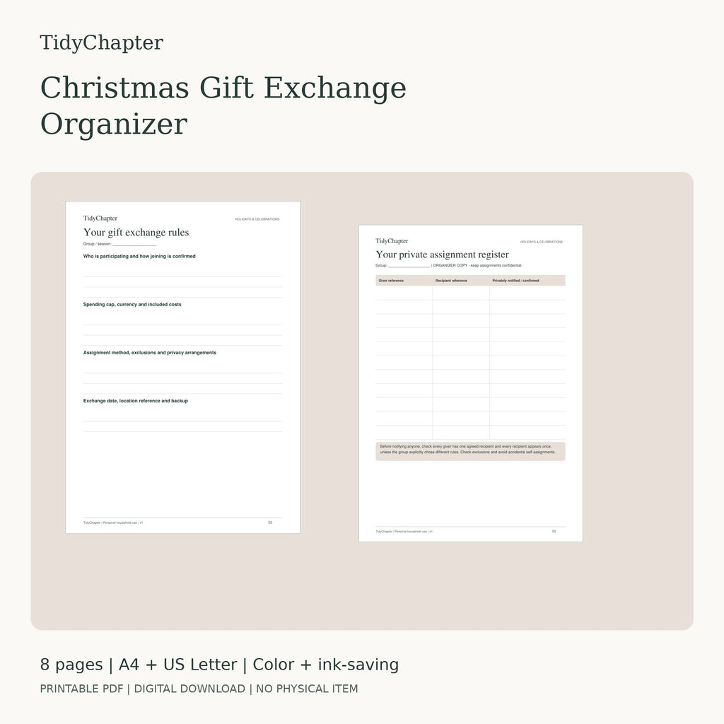 Christmas Gift Exchange Organizer printable PDF pack in A4 and US Letter