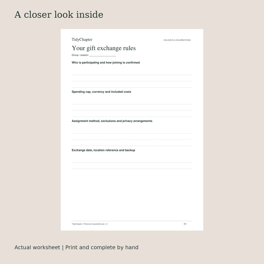 Christmas Gift Exchange Organizer actual worksheet preview