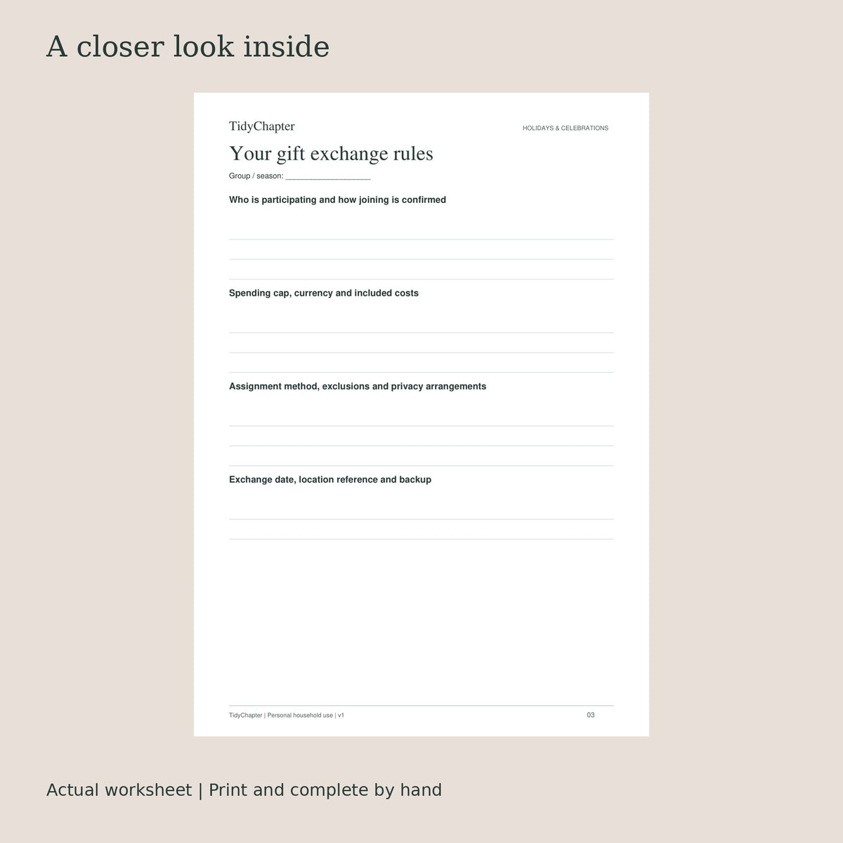 Christmas Gift Exchange Organizer actual worksheet preview