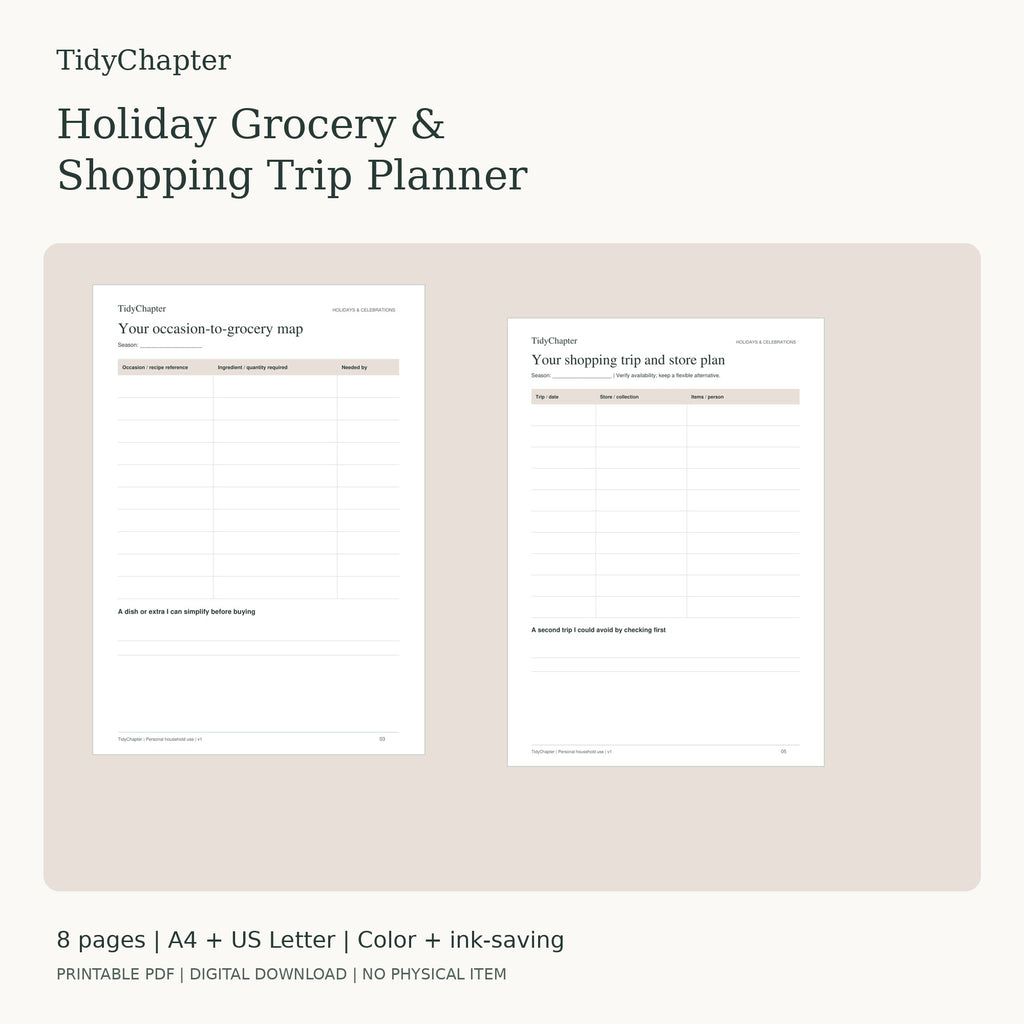 Holiday Grocery & Shopping Trip Planner printable PDF pack in A4 and US Letter