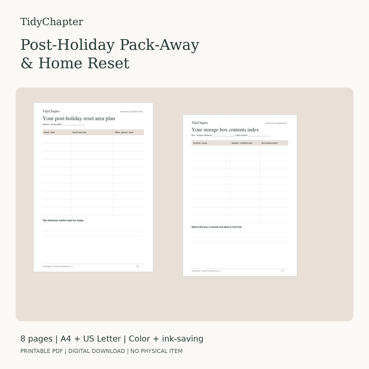 Post-Holiday Pack-Away & Home Reset printable PDF pack in A4 and US Letter