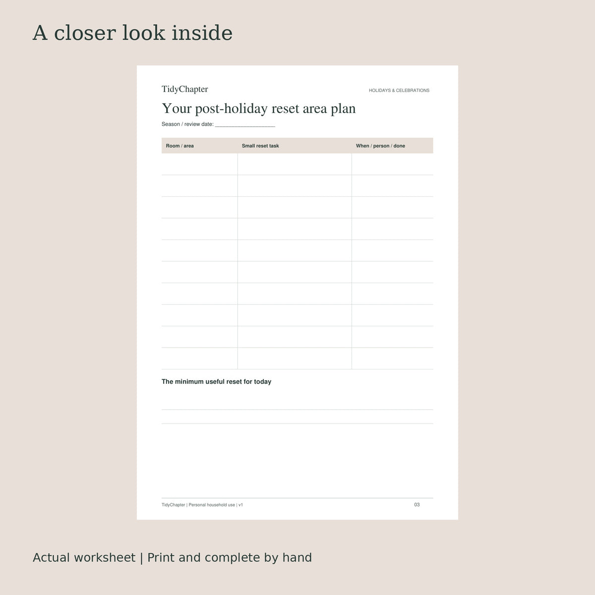 Post-Holiday Pack-Away & Home Reset actual worksheet preview