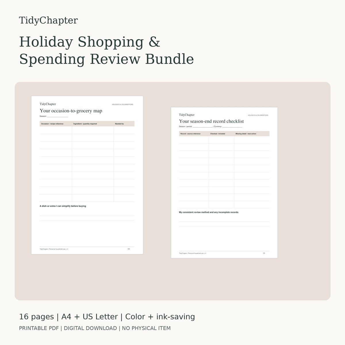 Holiday Shopping & Spending Review Bundle two-pack printable PDF bundle in A4 and US Letter