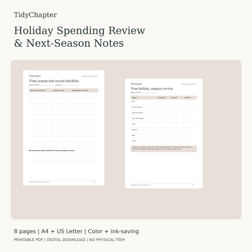 Holiday Spending Review & Next-Season Notes printable PDF pack in A4 and US Letter